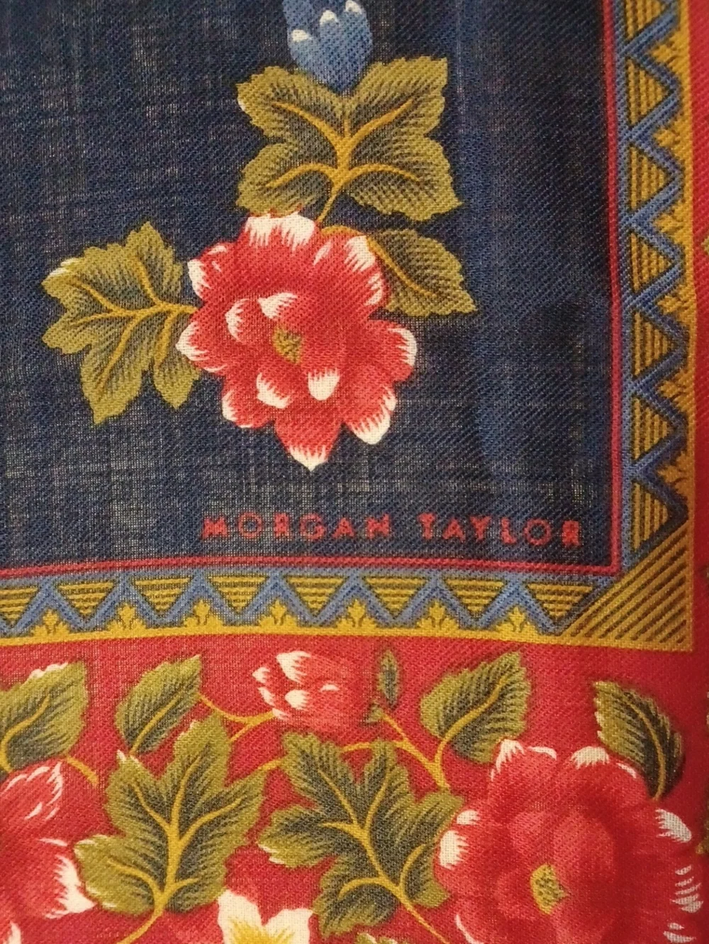 Morgan Taylor Vintage Floral Square Scarf Navy Red Eyelash Fringe Boho 30×30